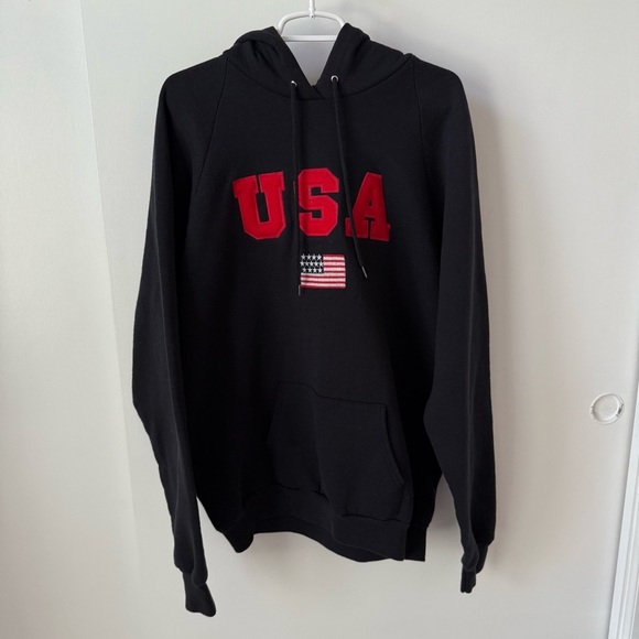 Vintage 90s Americana Made in USA Fruit of the Loom USA Flag Black Hoodie - Picture 2 of 9